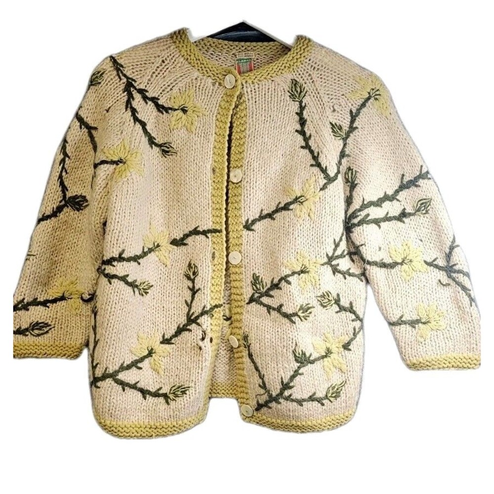 Vintage Ilaria Italy Hand Knit Mohair Wool Floral Embroidered Cardigan